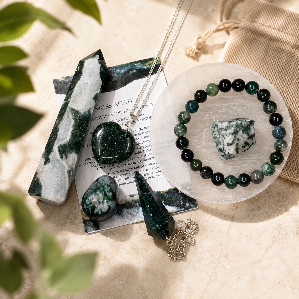Moss Agate Crystal Gift Set For Emotional Support and Protection, Real Polished Gemstones. DestGlow