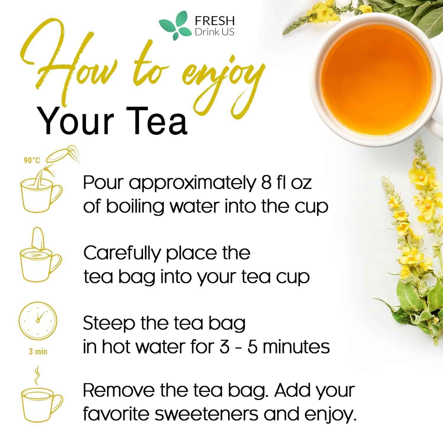 Mullein Leaf Tea Bags, 100% Natural & Pure from Mullein Leaves. Loose Leaf Mullein Herbal Tea. Made with Natural Material Tea Bags. No Sugar, No Caffeine, No Gluten, Vegan.