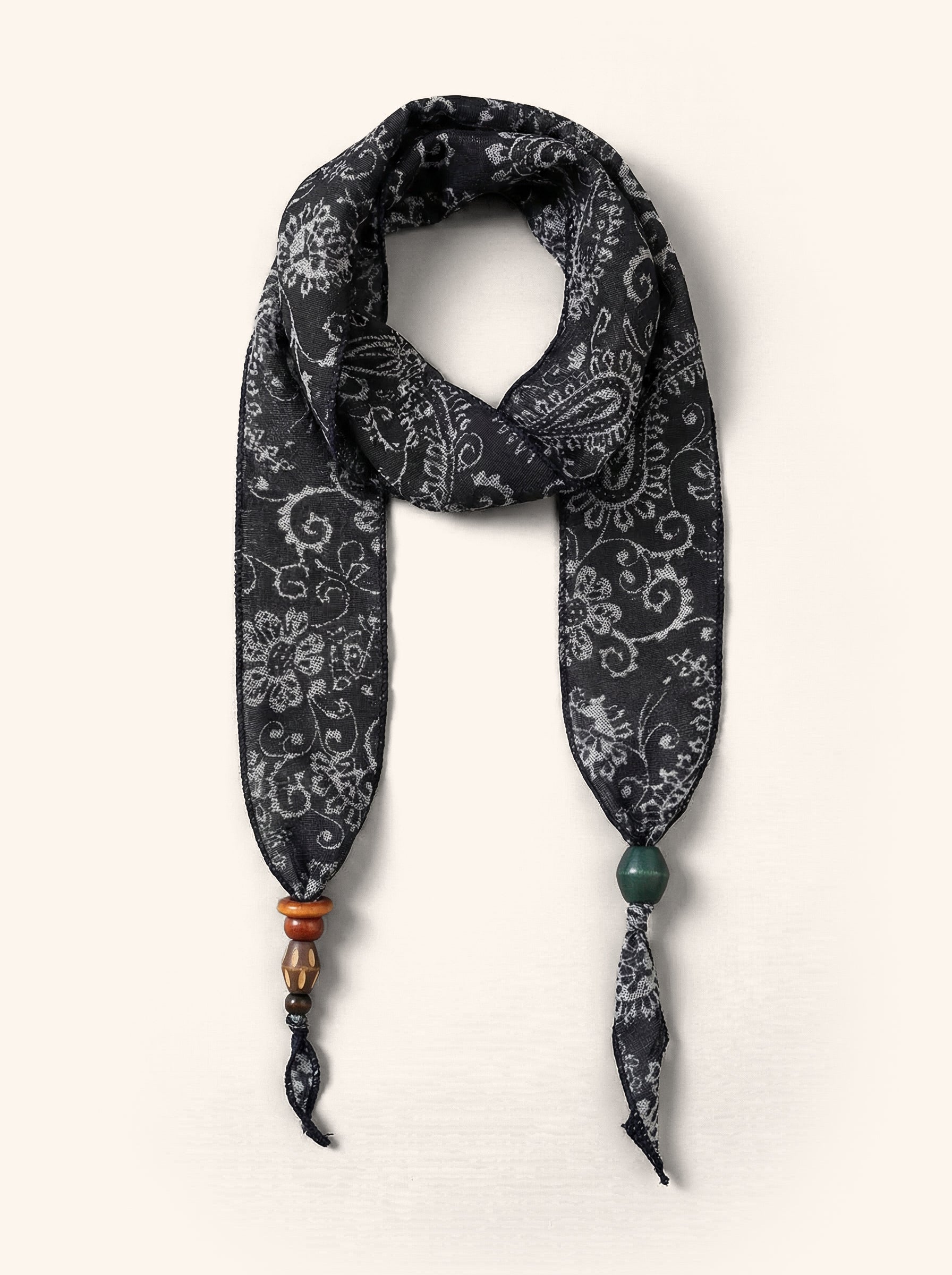 Multi-Functional Floral Satin Scarf With Jade Bead Accents by LINTICO