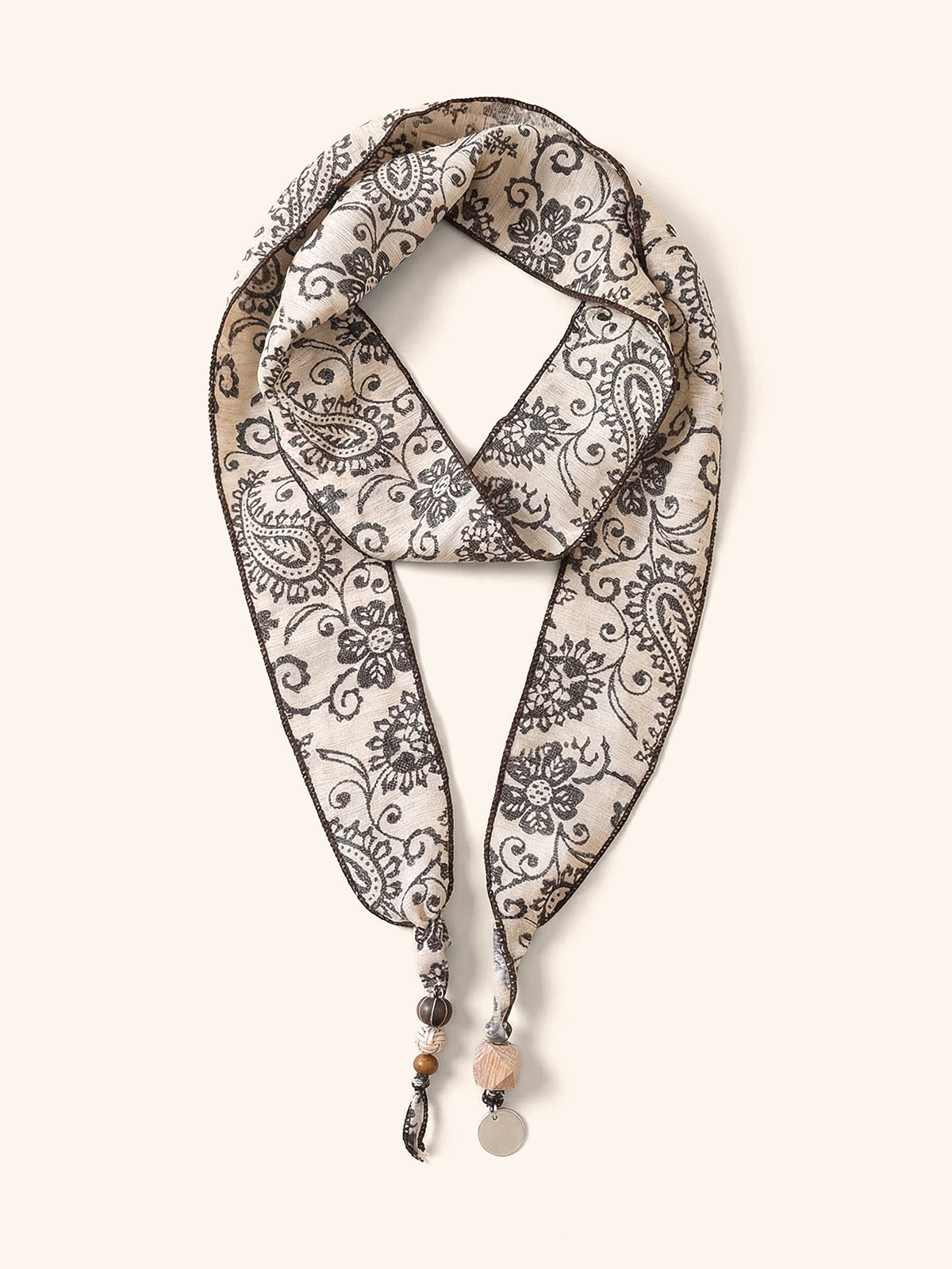 Multi-Functional Floral Satin Scarf With Jade Bead Accents by LINTICO