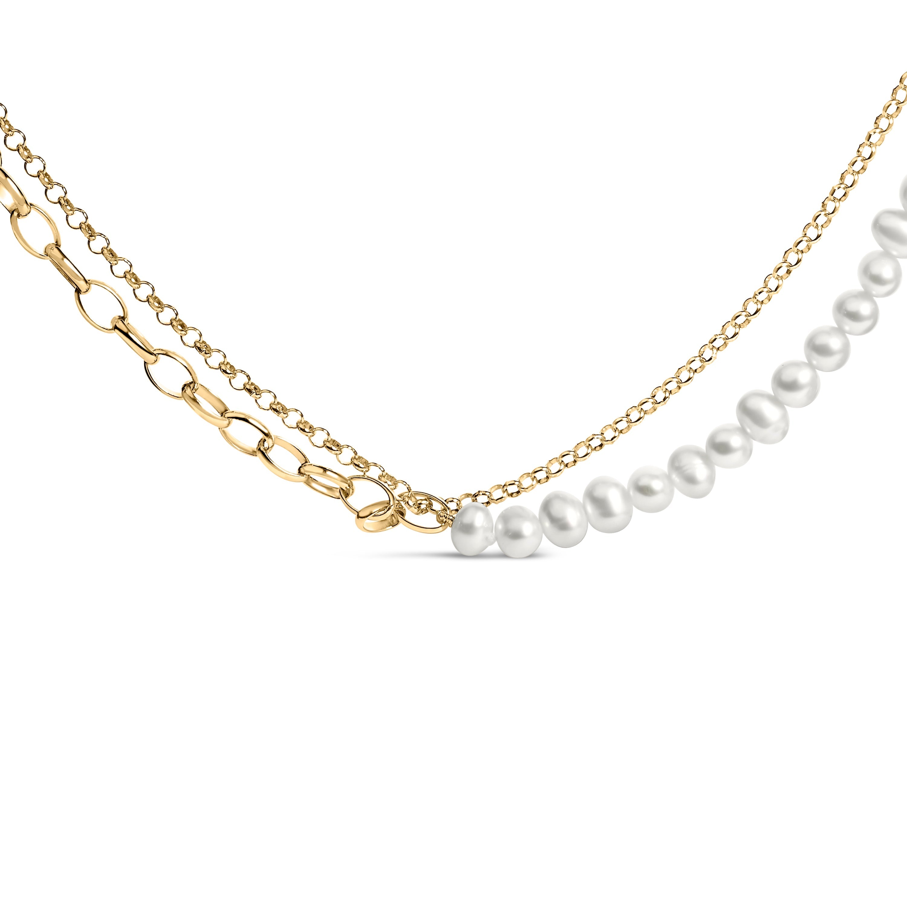 18K Yellow Gold Vermeil Cultured Pearl Strand Necklace with Rolo and Paperclip Chain DestGlow