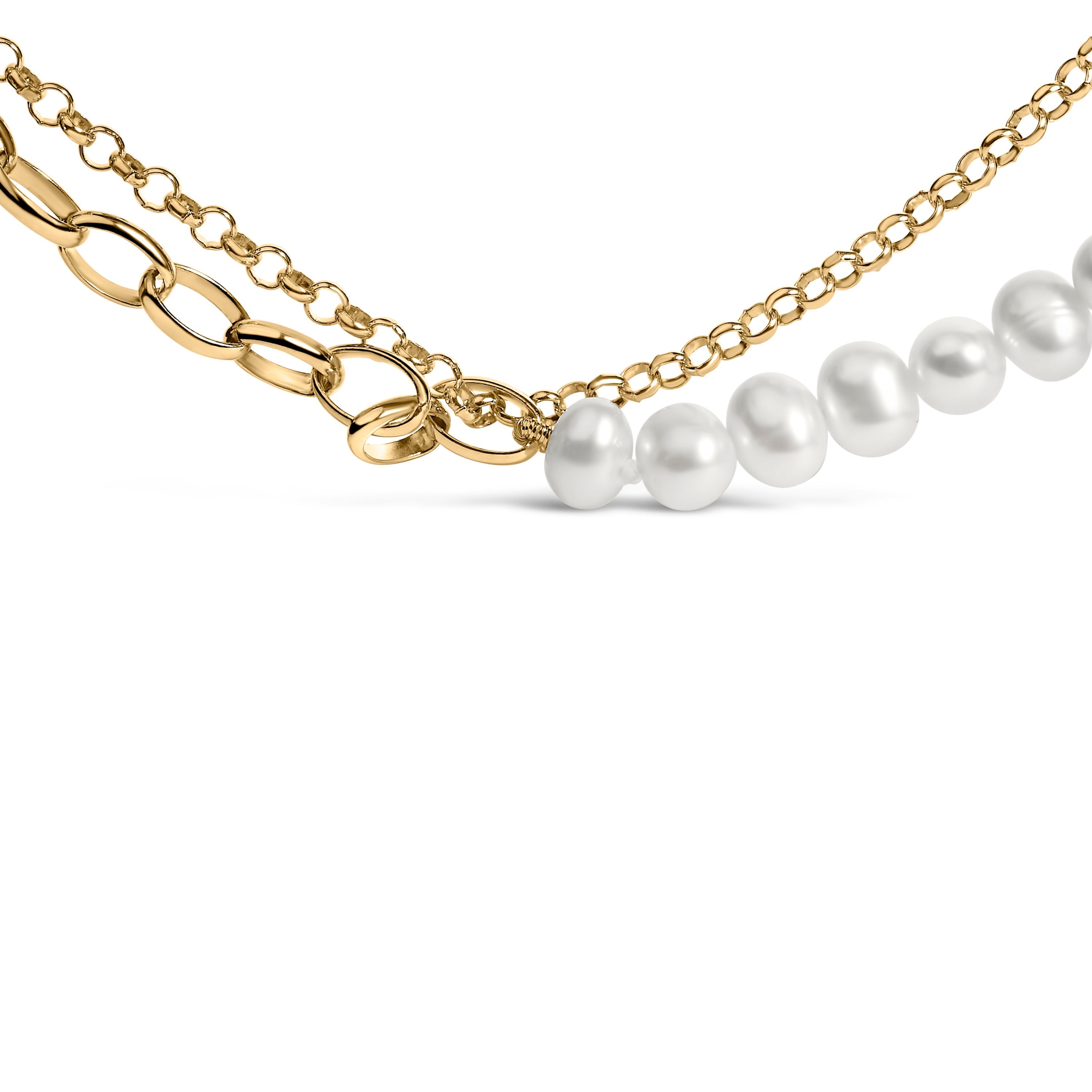 18K Yellow Gold Vermeil Cultured Pearl Strand Necklace with Rolo and Paperclip Chain DestGlow