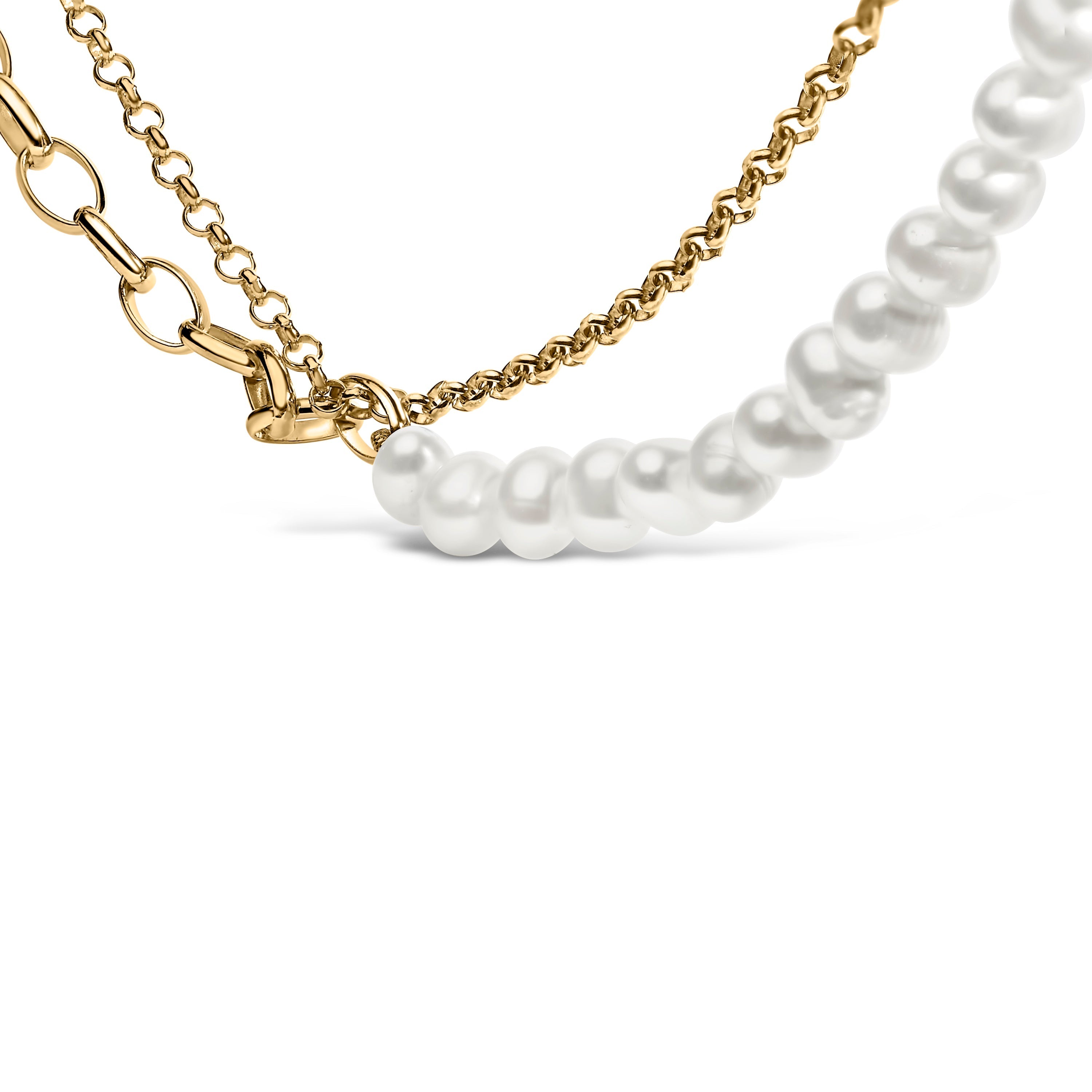 18K Yellow Gold Vermeil Cultured Pearl Strand Necklace with Rolo and Paperclip Chain DestGlow