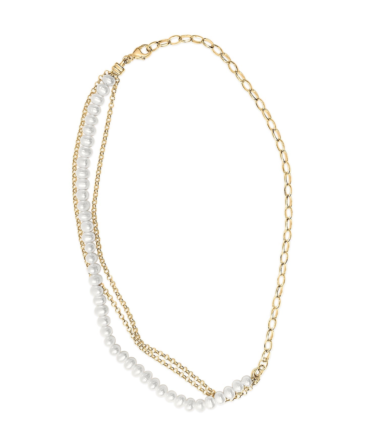 18K Yellow Gold Vermeil Cultured Pearl Strand Necklace with Rolo and Paperclip Chain DestGlow