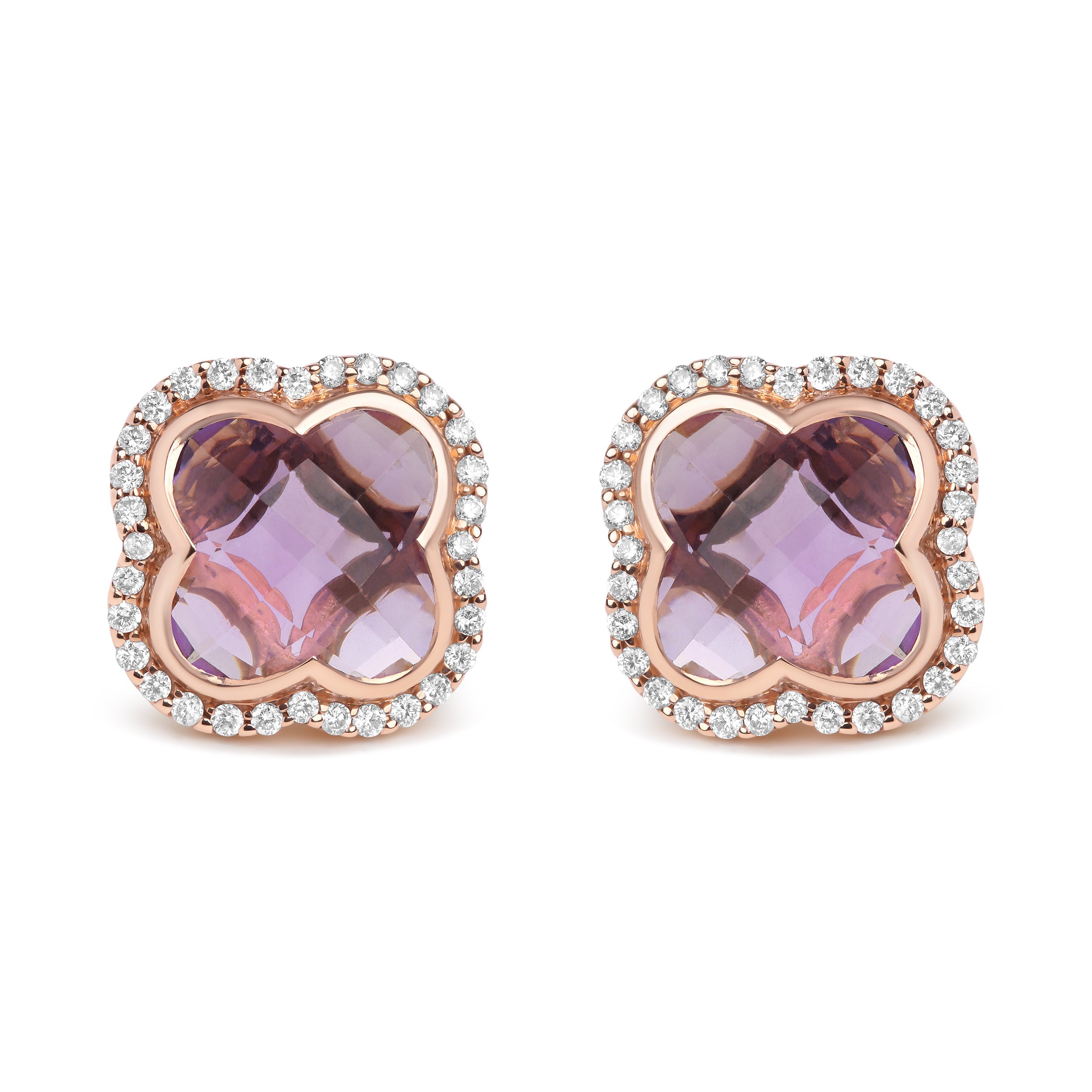 18K Rose Gold 3/8 Cttw Diamond and 11x11mm Clover-Cut Purple Amethyst Gemstone Clover Halo Stud Earrings (G-H Color, SI1-SI2 Clarity) by Bids.com