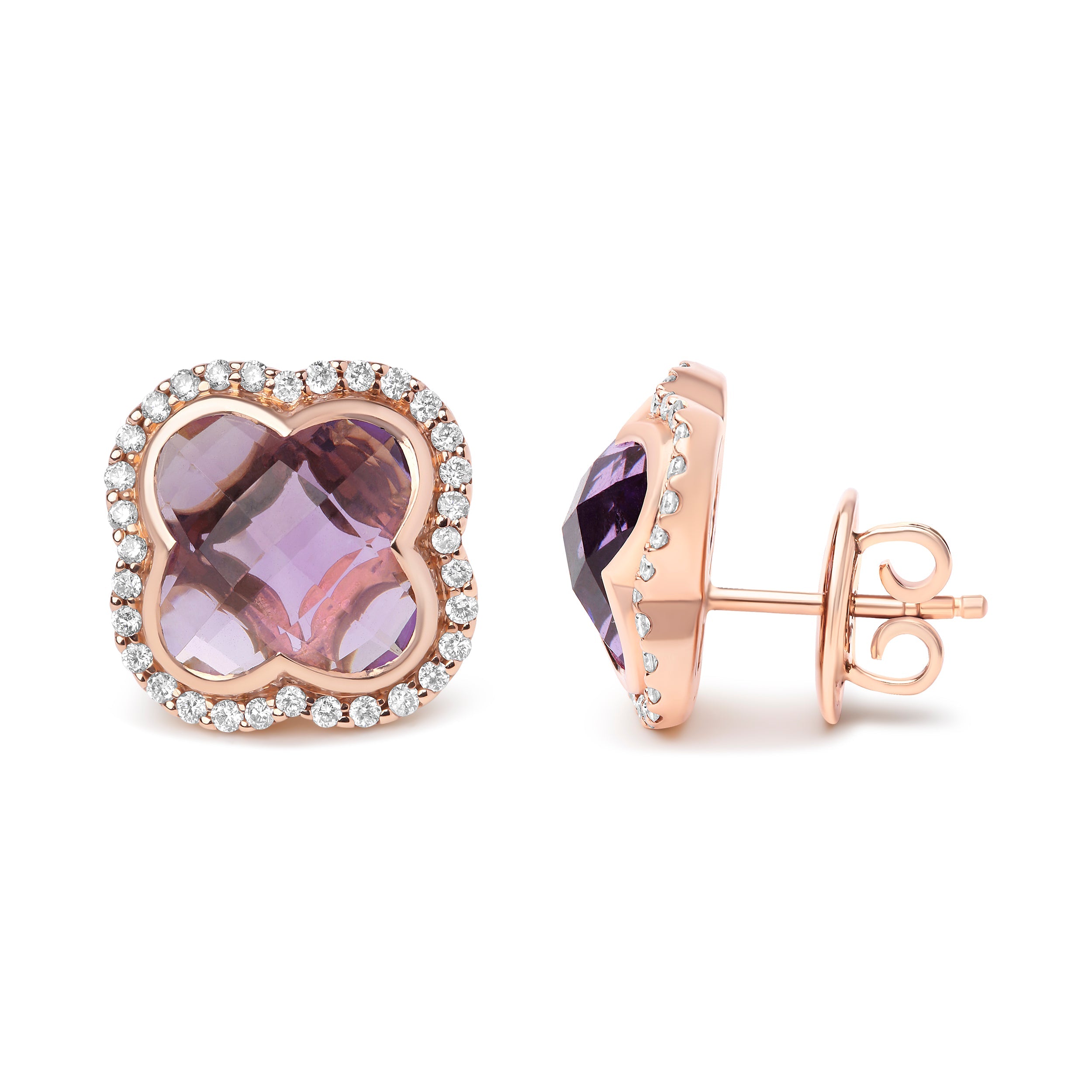 18K Rose Gold 3/8 Cttw Diamond and 11x11mm Clover-Cut Purple Amethyst Gemstone Clover Halo Stud Earrings (G-H Color, SI1-SI2 Clarity) by Bids.com