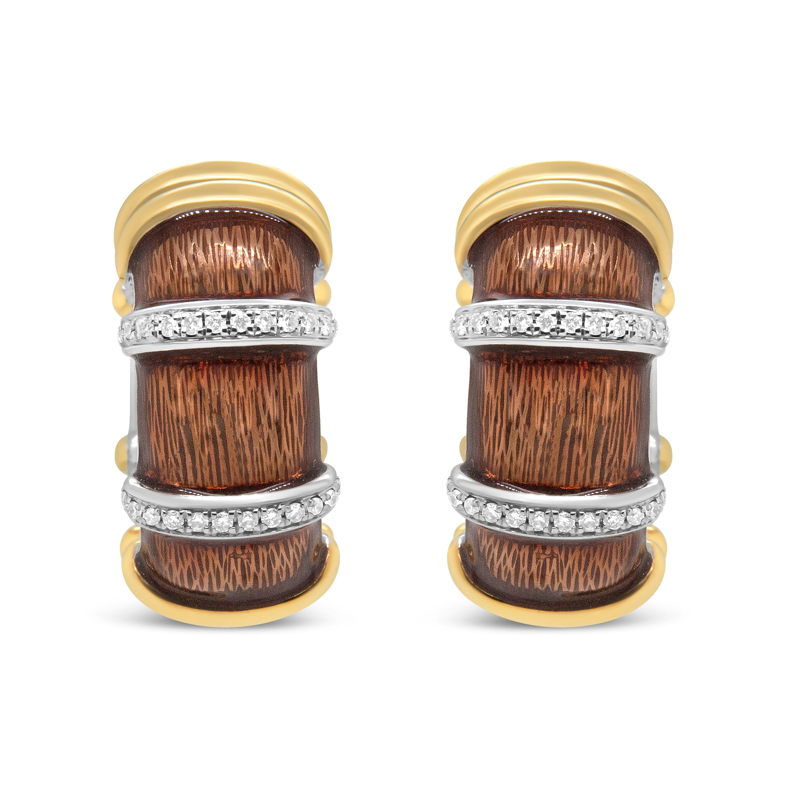 18K Yellow and White Gold Flash Plated .925 Sterling Silver Clear Brown Enamel 9/10 Cttw Round Diamonds Huggie Hoop Earrings (F-G Color, VS1-VS2 Clarity) by Bids.com
