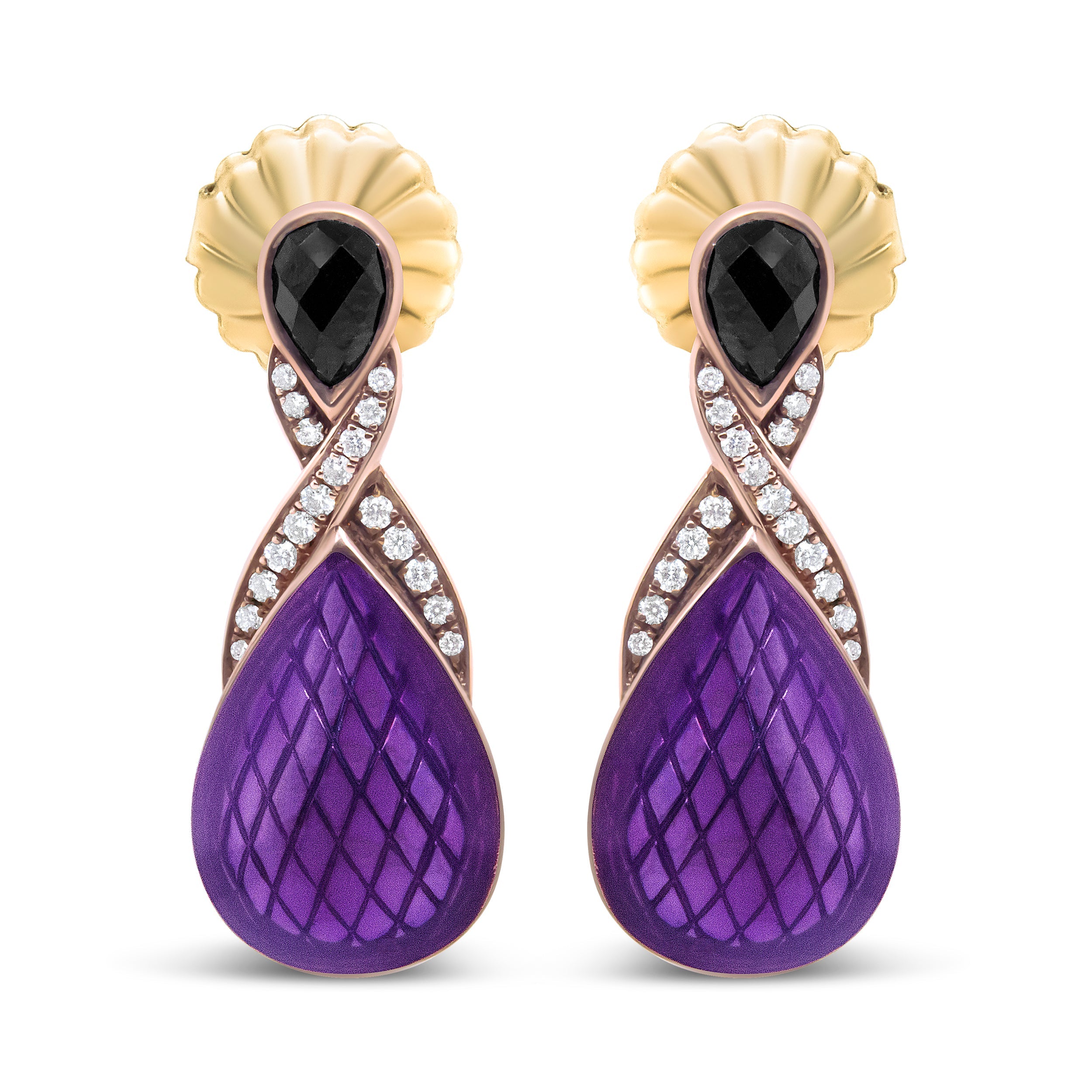 18K Rose Gold Flash Plated .925 Sterling Silver Purple Enamel 1/5 Cttw Round Pave-Set Diamond and 5.5 x 4mm Pear-Shaped Black Onyx Drop Earrings (F-G Color, VS1-VS2 Clarity) by Bids.com