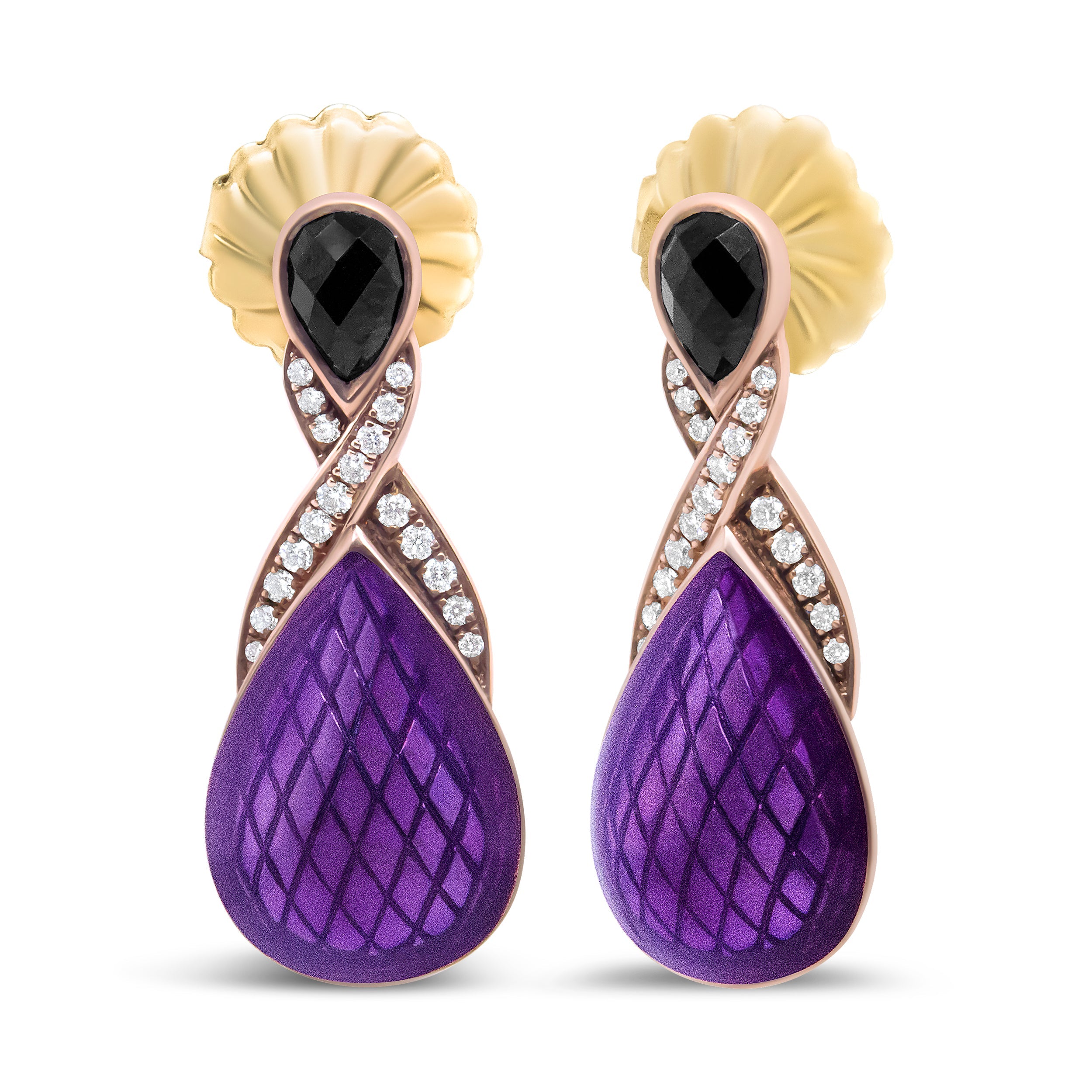 18K Rose Gold Flash Plated .925 Sterling Silver Purple Enamel 1/5 Cttw Round Pave-Set Diamond and 5.5 x 4mm Pear-Shaped Black Onyx Drop Earrings (F-G Color, VS1-VS2 Clarity) by Bids.com