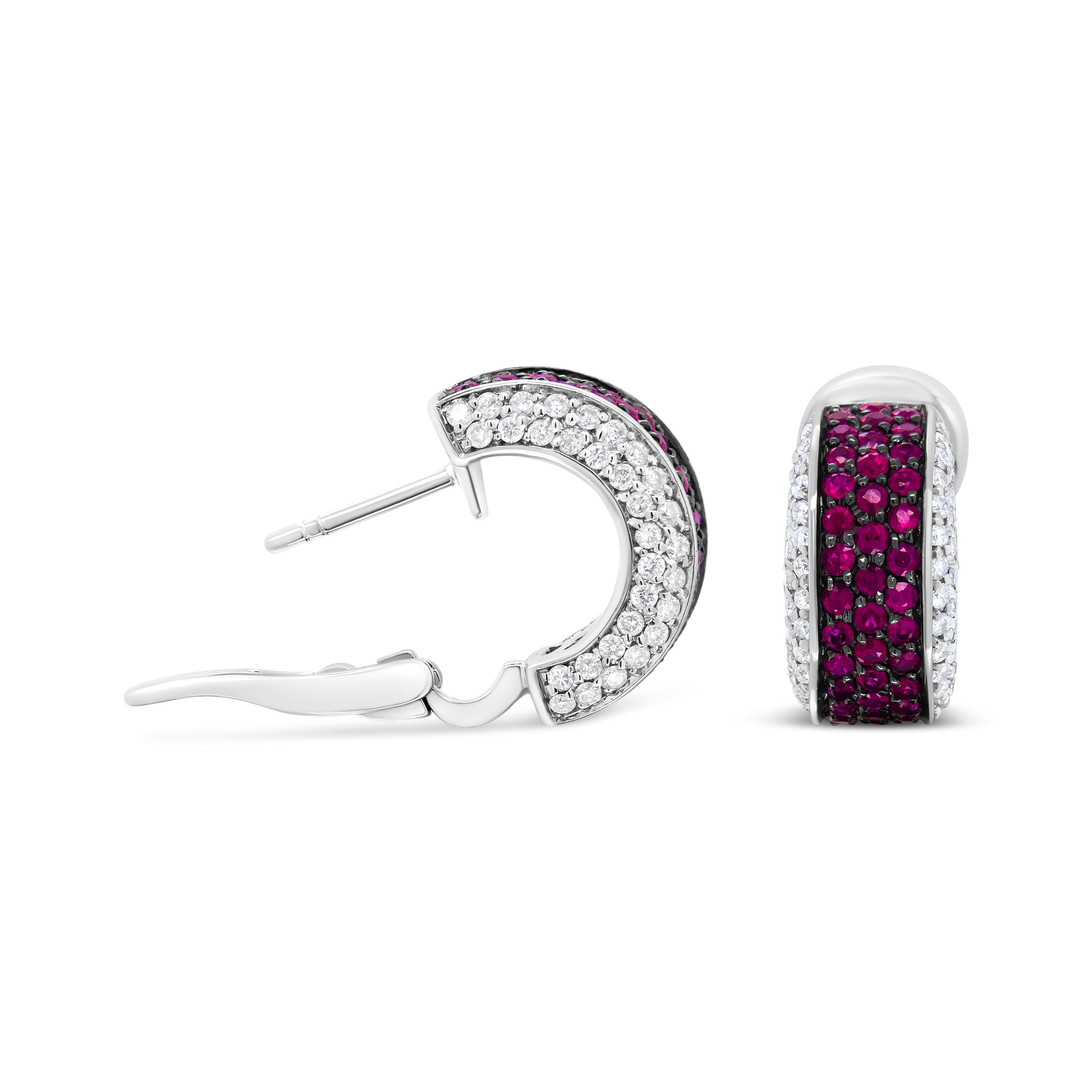 18K White Gold and Black Rhodium Plated 3/4 Cttw Round Diamonds and 1mm Round Red Ruby Huggie Hoop Earrings (F-G Color, VS1-VS2 Clarity) by Bids.com