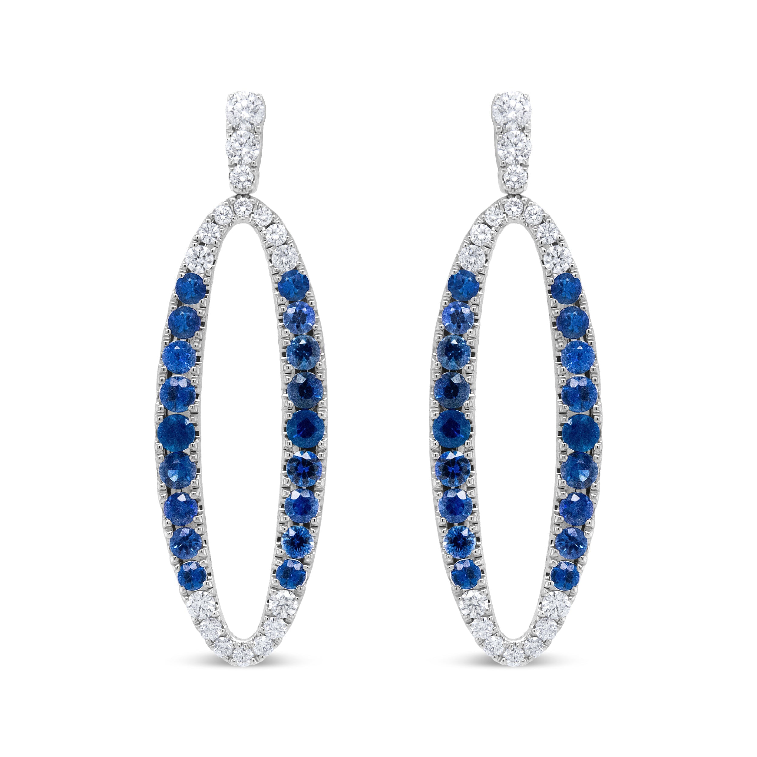 18K White Gold 1.11 Cttw Blue Round Diamond and Blue Sapphire Openwork Oval Shaped Dangle Earrings (F-G Color, VS1-VS2 Clarity)