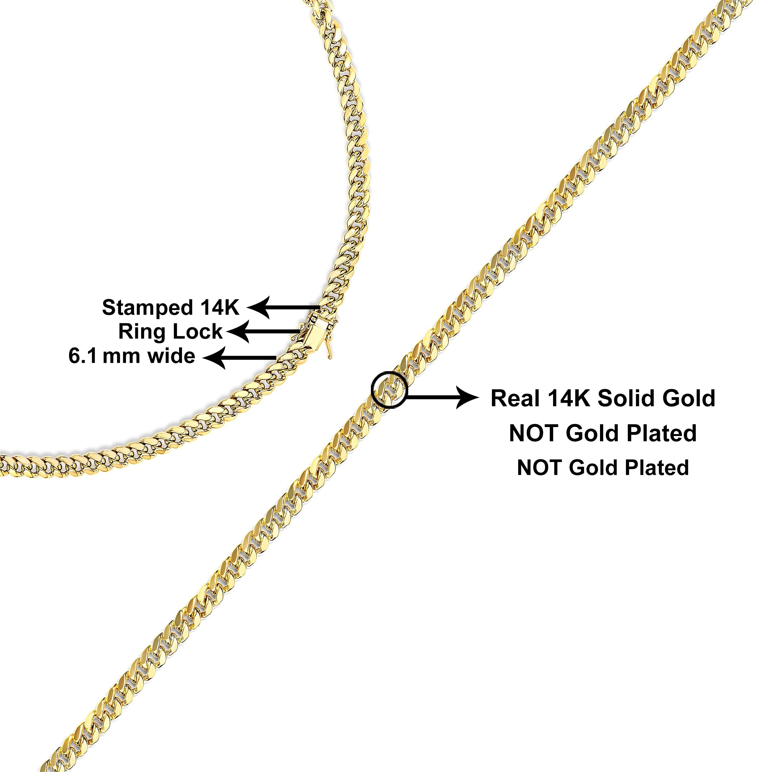 Semi-Solid 14K Yellow Gold 6.1mm Classic Miami Cuban Chain Necklace - 22 Inches DestGlow