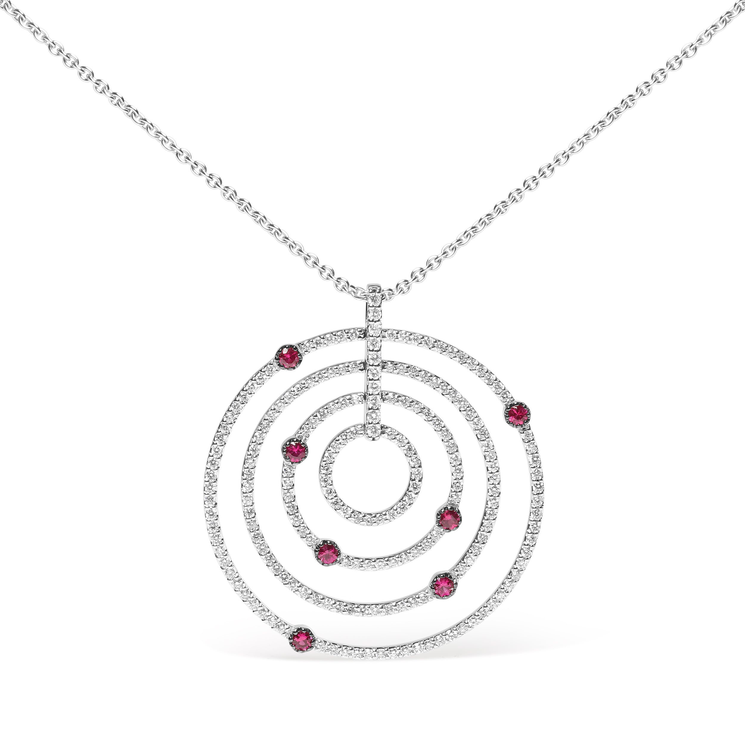 18K White Gold 2 1/6 Cttw Pave Set Diamonds and Red Ruby Openwork Circles 18" Pendant Necklace (G-H Color, SI2-I1 Clarity) - Adjustable up to 16" - 18" by Bids.com
