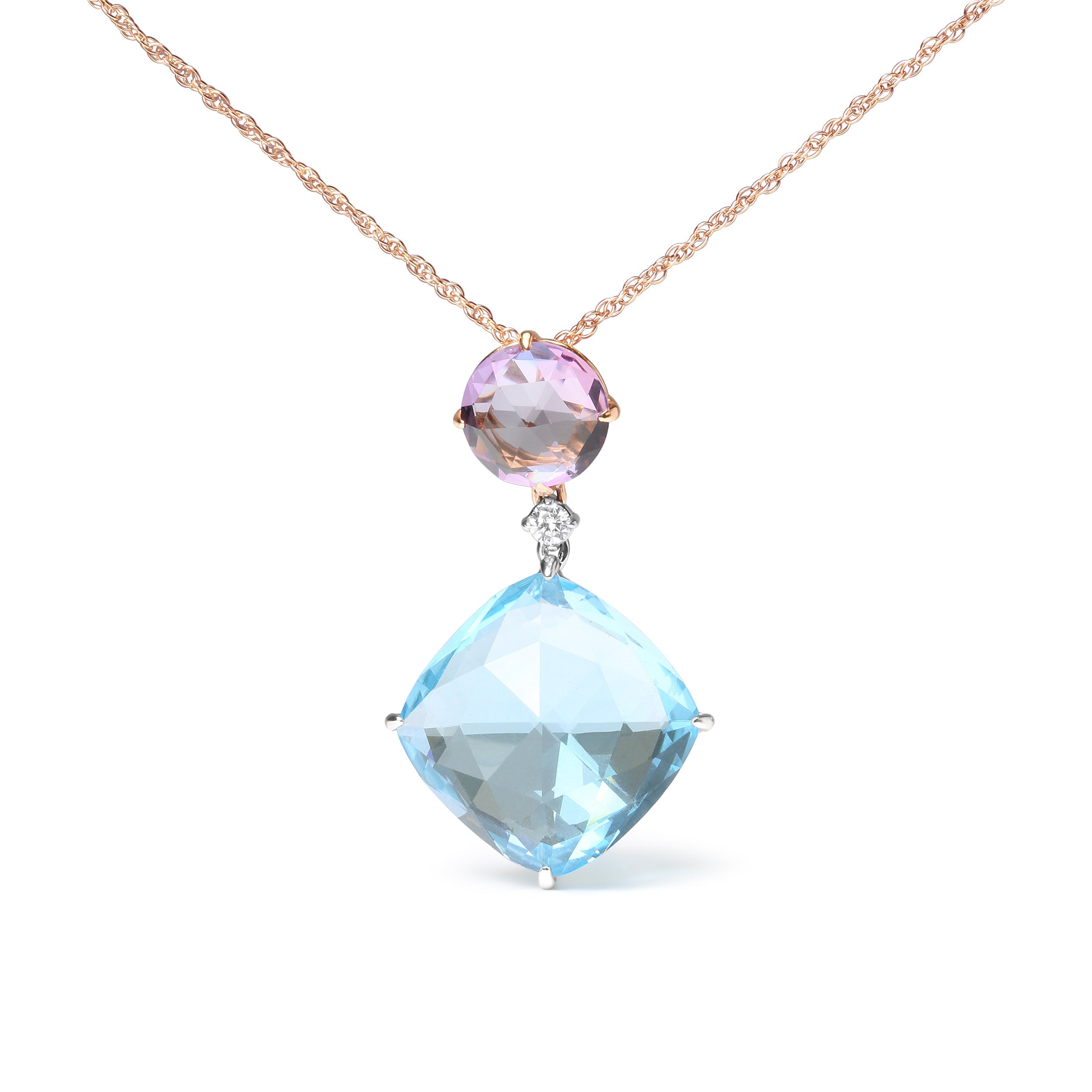 18K White and Rose Gold Round Diamond Accent and Round Rose De France Pink Amethyst and Cushion Cut Sky Blue Topaz Dangle Drop 18" Pendant Necklace (G-H Color, SI1-SI2 Clarity) by Bids.com