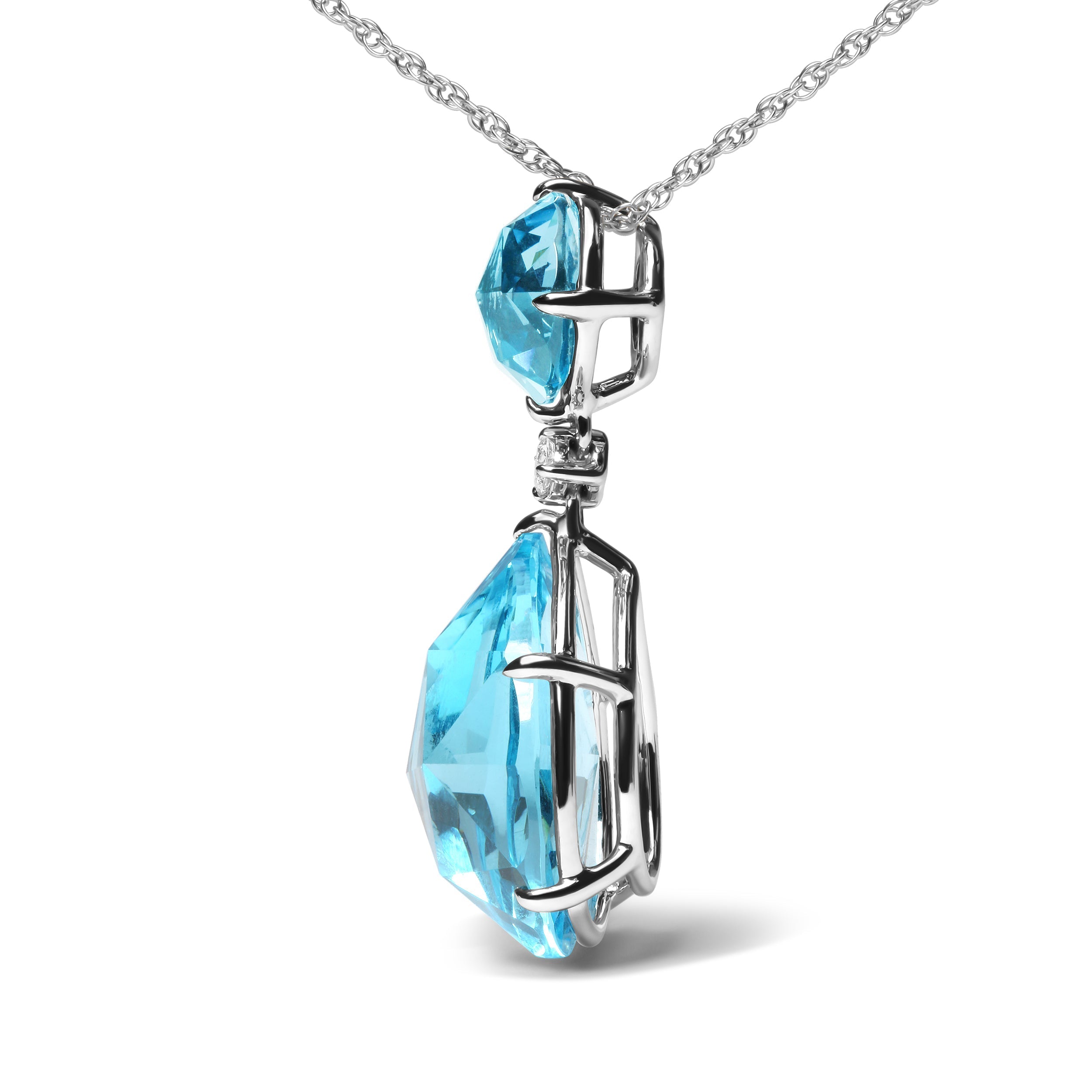 18K White Gold Diamond Accent and Round London Blue Topaz and Pear Cut Sky Blue Topaz Dangle Drop 18" Pendant Necklace (G-H Color, SI1-SI2 Clarity)