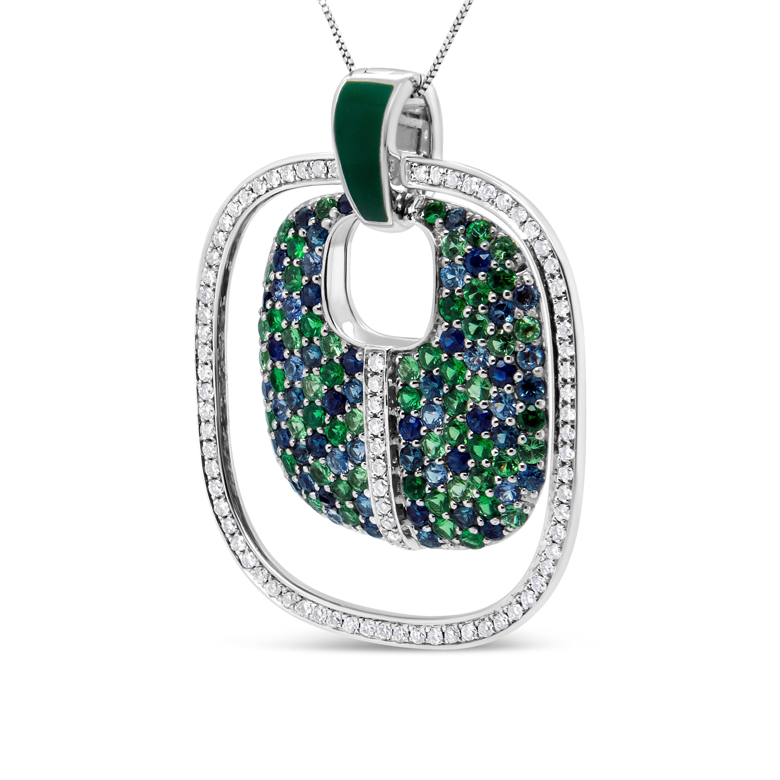 .925 Sterling Silver Green Enamel Pendant with 1/2 Cttw Diamond, Sapphire, and Tsavorite Openwork Statement 18" Pendant Necklace (F-G Color, VS1-VS2 Clarity) by Bids.com