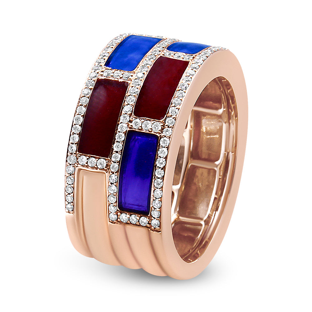 18K Rose Gold Alternating Red and Blue Enamel and 1/2 Cttw Diamond Studded Band Ring (F-G Color, VS1-VS2 Clarity) - Ring Size 7 by Bids.com