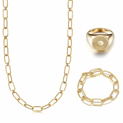 Threader Interlocking Link Jewelry Set - Gold Necklace, Bracelet & Earrings