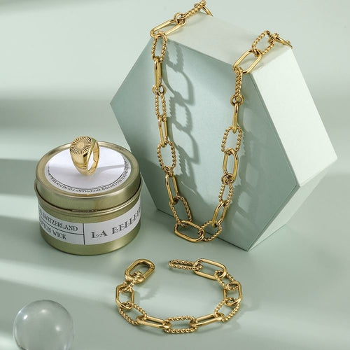Threader Interlocking Link Jewelry Set - Gold Necklace, Bracelet & Earrings