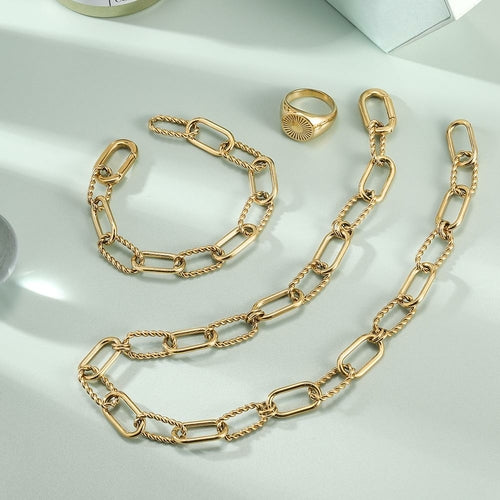 Threader Interlocking Link Jewelry Set - Gold Necklace, Bracelet & Earrings