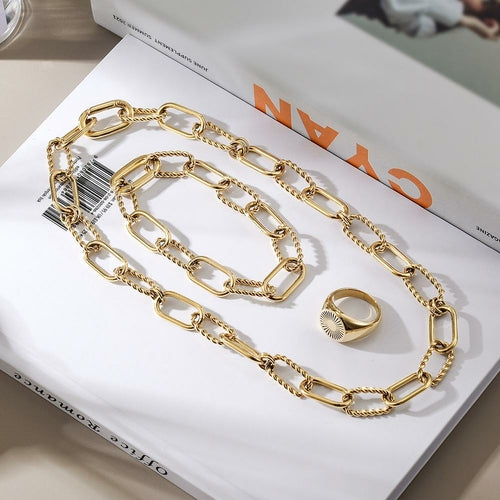 Threader Interlocking Link Jewelry Set - Gold Necklace, Bracelet & Earrings