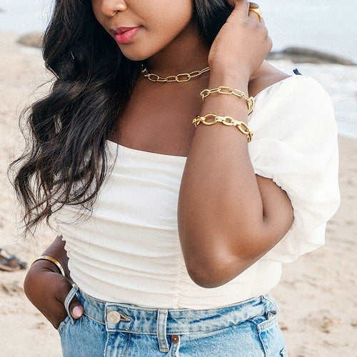 Threader Interlocking Link Jewelry Set - Gold Necklace, Bracelet & Earrings