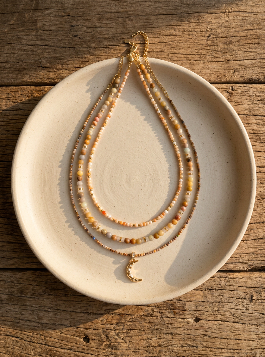 Handmade Natural Stone Beaded Necklace with Moon Pendant by LINTICO