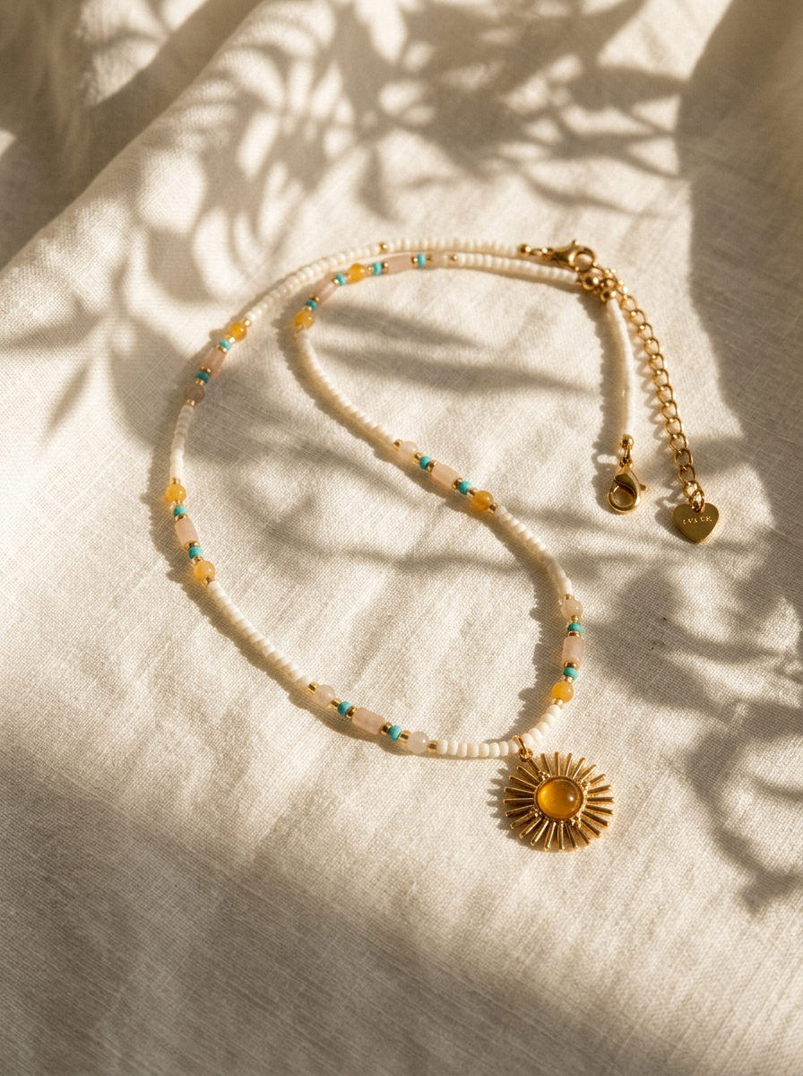 Natural Stone Beaded Necklace with Sun Pendant by LINTICO