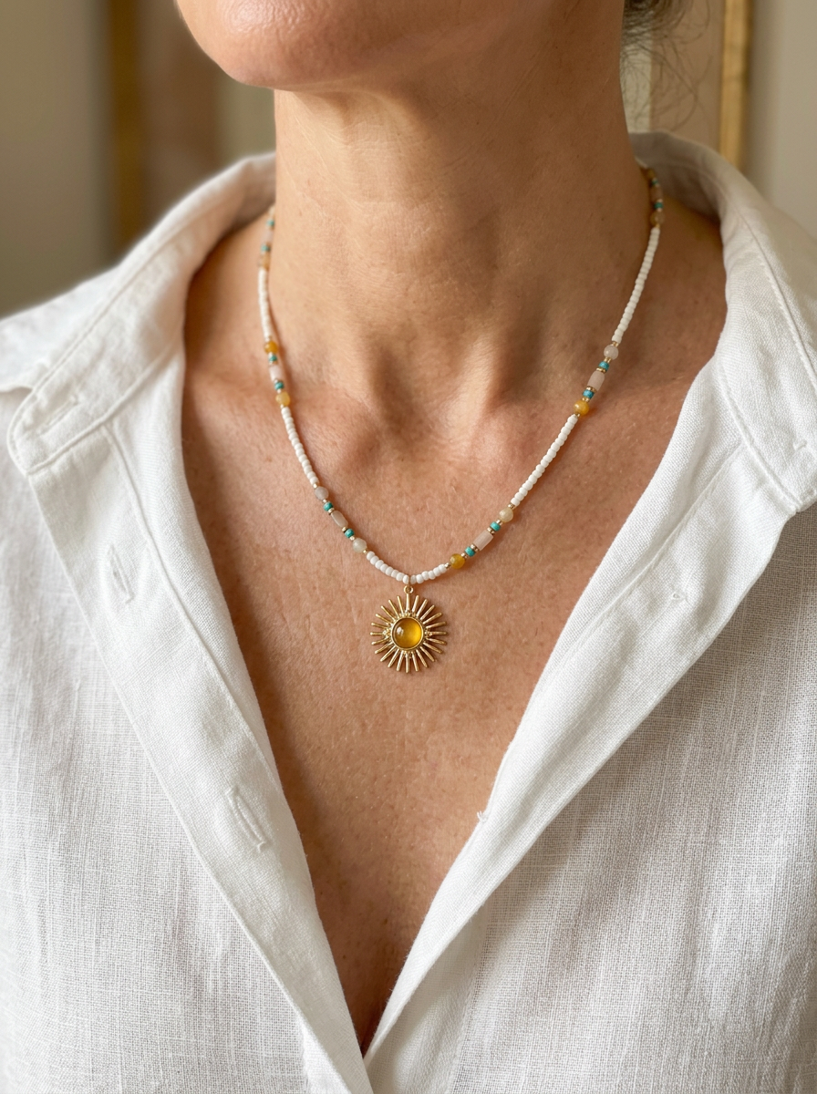 Natural Stone Beaded Necklace with Sun Pendant by LINTICO