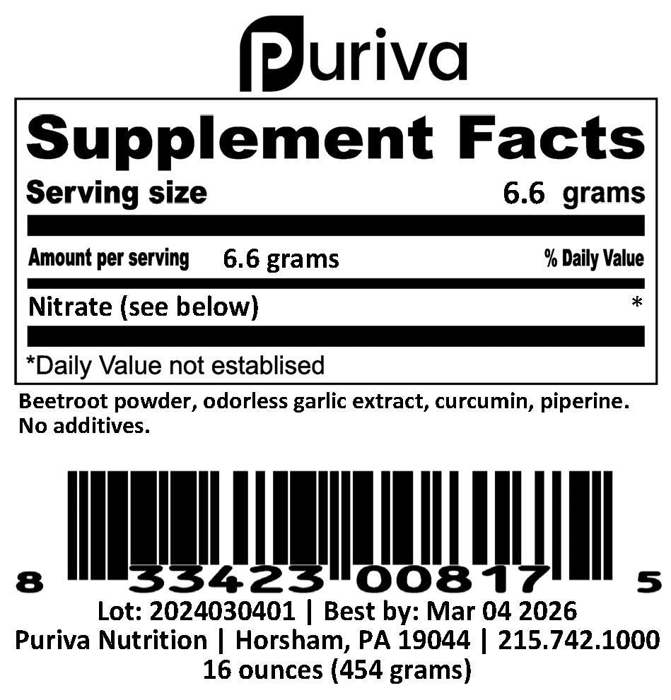 Nitrate powder (beetroot, curcumin, piperine, garlic), 1 pound, Puriva Nutrition by Puriva Nutrition