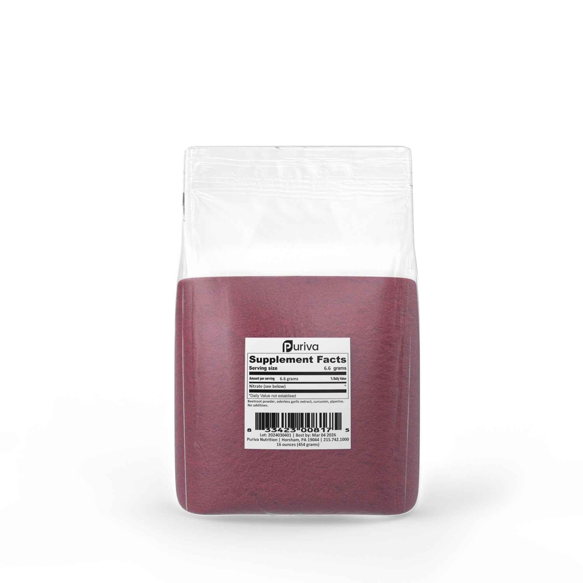 Nitrate powder (beetroot, curcumin, piperine, garlic), 1 pound, Puriva Nutrition by Puriva Nutrition