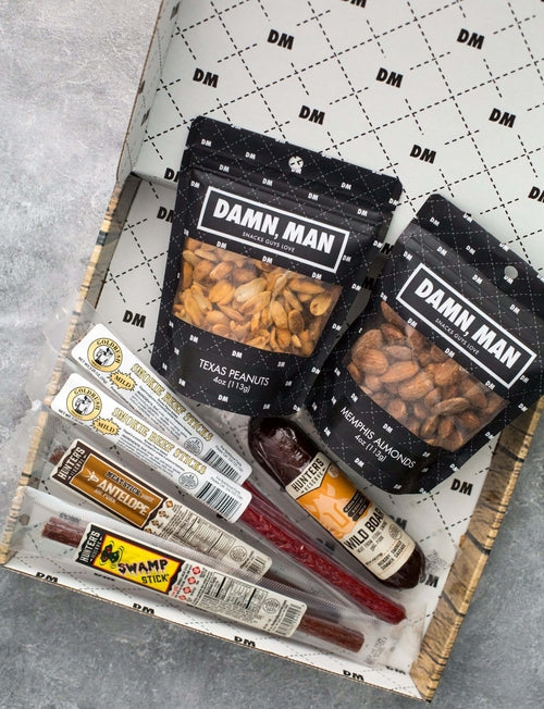 Nuts & Exotic Meats Gift Box - Wild Game Sausages & BBQ Nut Snacks for Men