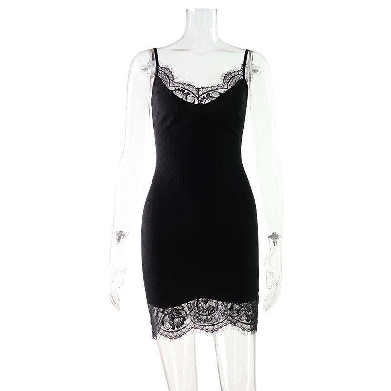 Summer Sexy Lace Stitching Sexy Dress Slim Fit Waist Trimming Spaghetti Straps Sheath Solid Color Dress by Ragazza
