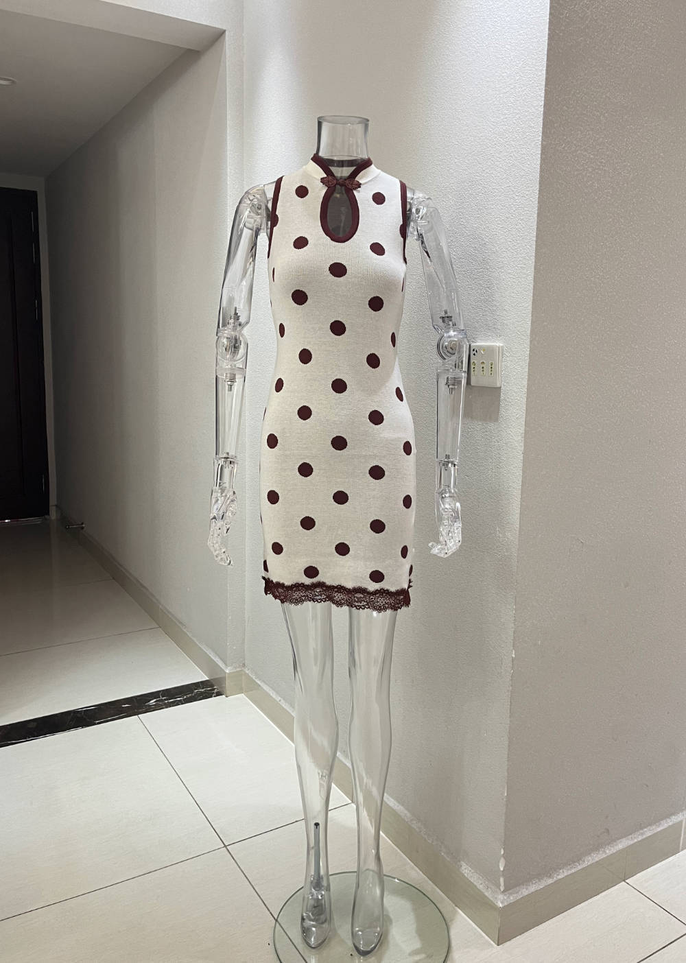 Summer Mid Polka Dot Contrast Color Lace Stitching Dress Stand Collar Sleeveless Sexy Casual Shaped Short Dress Women DestGlow