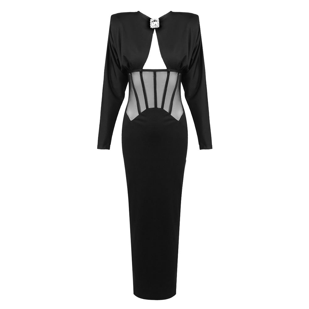 Women Clothing Black Shoulder Boning Corset Drill Buckle Dress round Neck Elegant Split Evening Sheath Dress by Ragazza