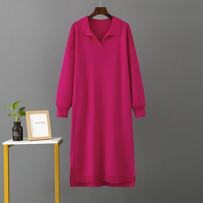 Autumn Winter Polo Collar Base Knitting Loose Solid Color Women Dress by Ragazza