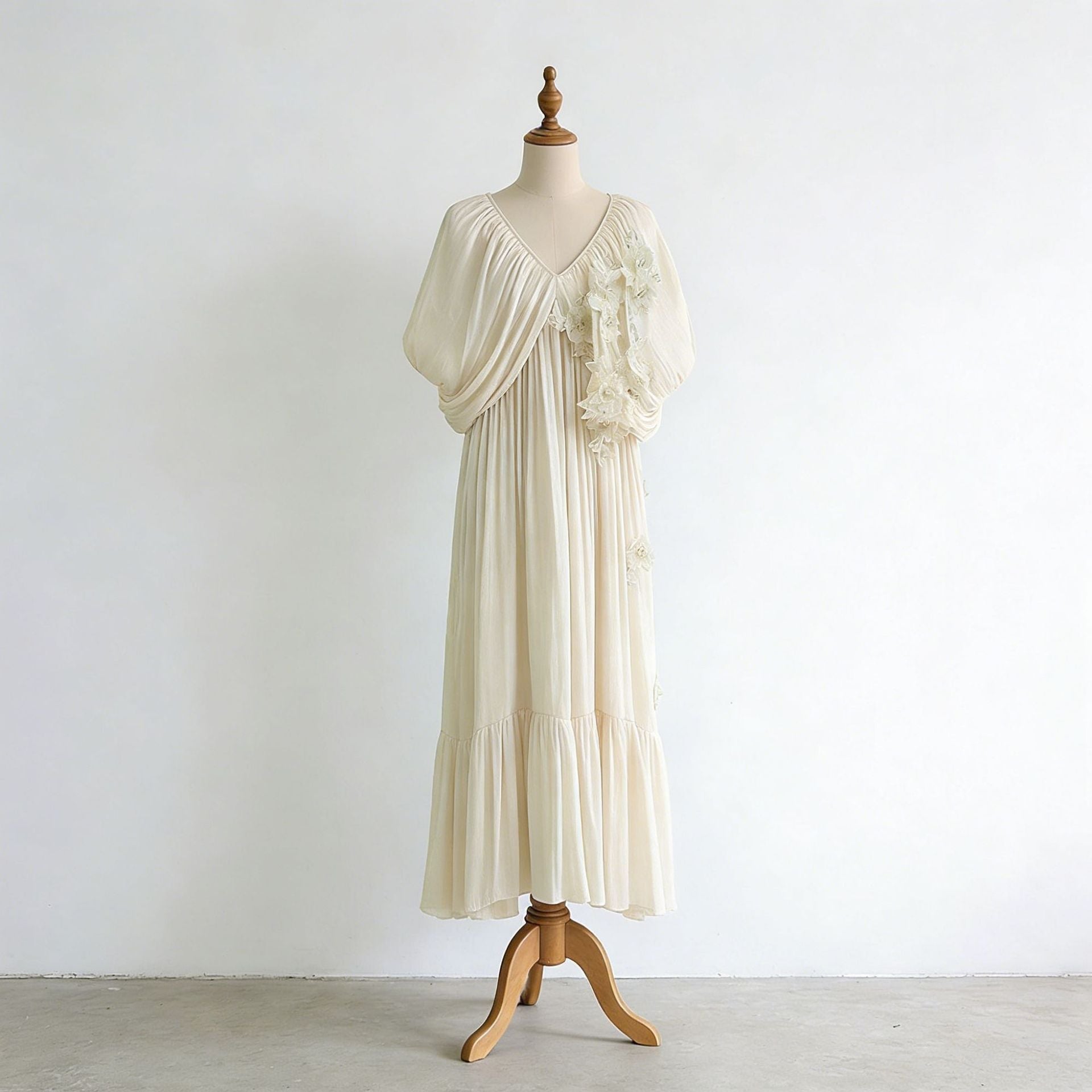 Romantic Vacation Maxi Dress Spring V neck Drop Shoulder Batwing Sleeve Stitching Three Dimensional Floral Dress DestGlow