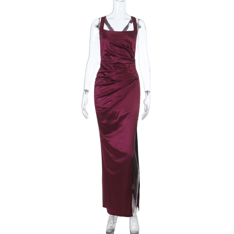 Retro Wine Red Summer Slim Fit Sexy Waist Square Collar Dress DestGlow
