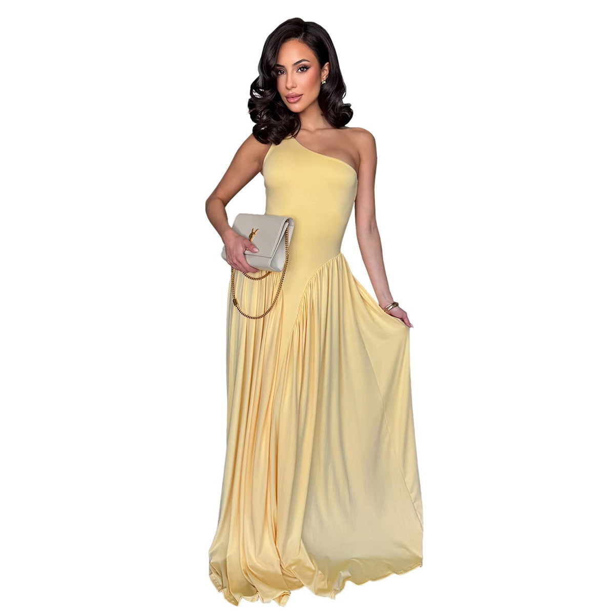 Women Wear Waist Controlled Backless Slim Fit Sloping Shoulder Dress DestGlow