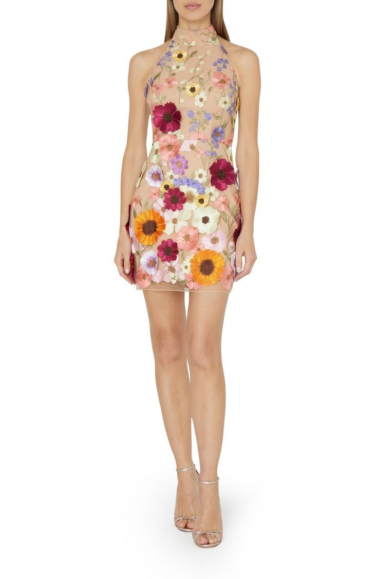 Women Embroidered Three Dimensional Floral Halter Slim Dress Small Dress by Ragazza