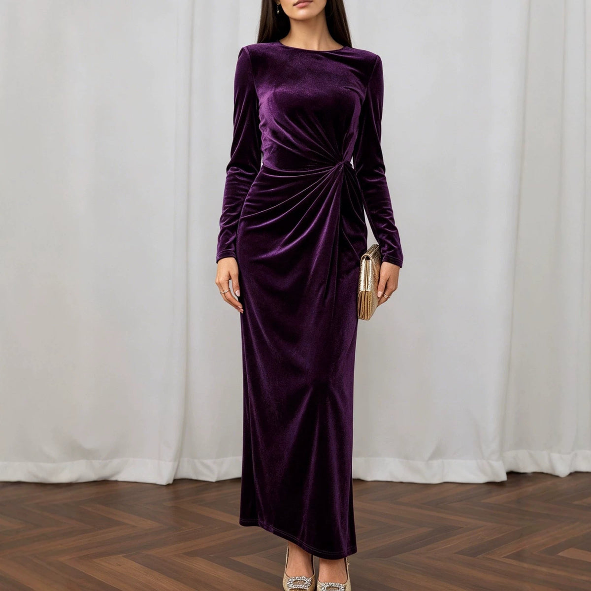 Light Luxury Matte Velvet Maxi Dress Long Sleeve round Neck Twisted Waist Flab Hiding Cocktail Dress DestGlow