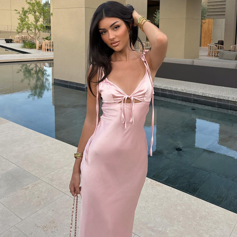 Summer Sexy V neck Lace Strap Satin Dress Sleeveless Self Tie Dress Women by Ragazza