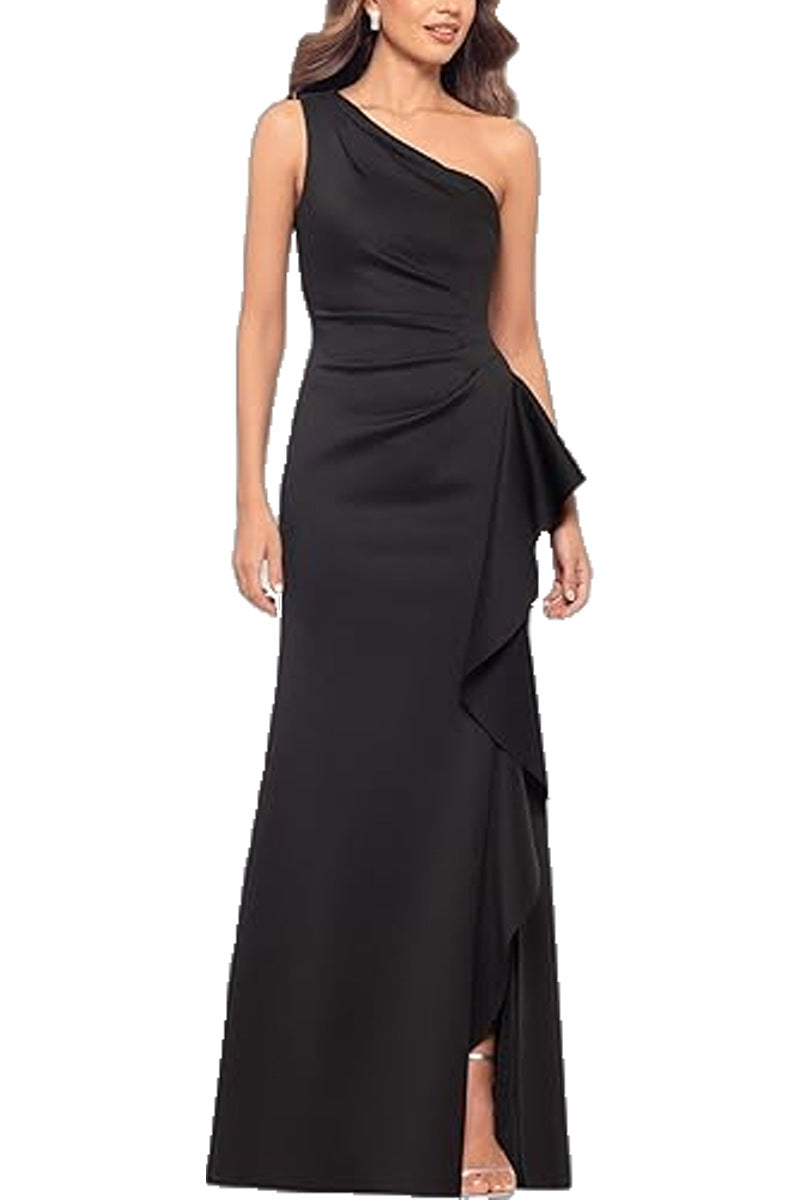 One Shoulder Elegant Solid Color Slim Waist Split Fishtail Side Ruffled Evening Dress by Ragazza