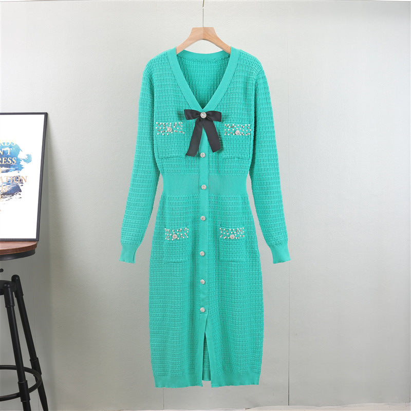 Classic V neck French Slim Knit Dress Fall Winter Women Design Maxi Dress DestGlow