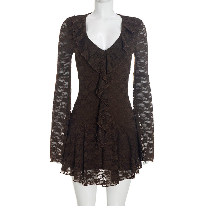 Women Clothing Autumn Solid Color Sexy Lace Ruffled Long Sleeve Low Neck Slim Dress DestGlow