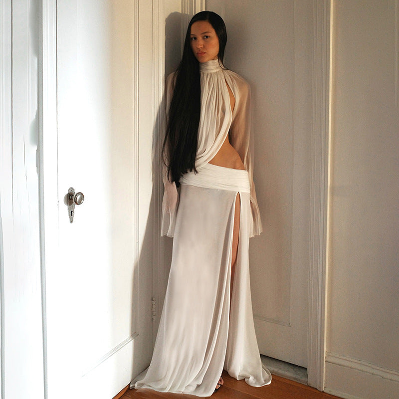 Winter Women Clothing Sexy See through Turtleneck Bell Sleeve Top Split Skirt Two Piece Sets DestGlow