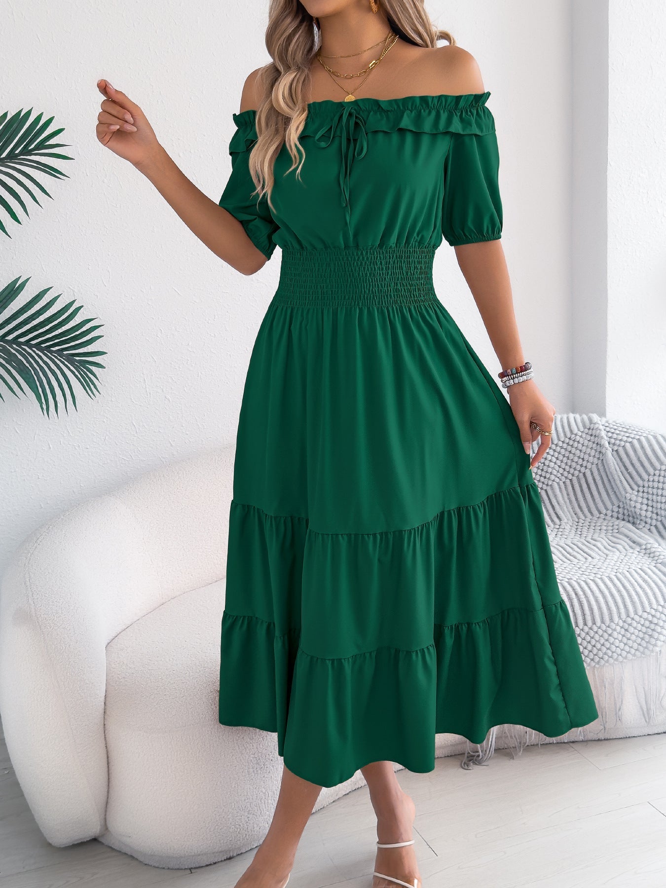 Spring Summer Casual Shoulder Baring Stringy Selvedge Short Sleeve Smocking Waist Slimming Maxi Dress Women Clothing DestGlow