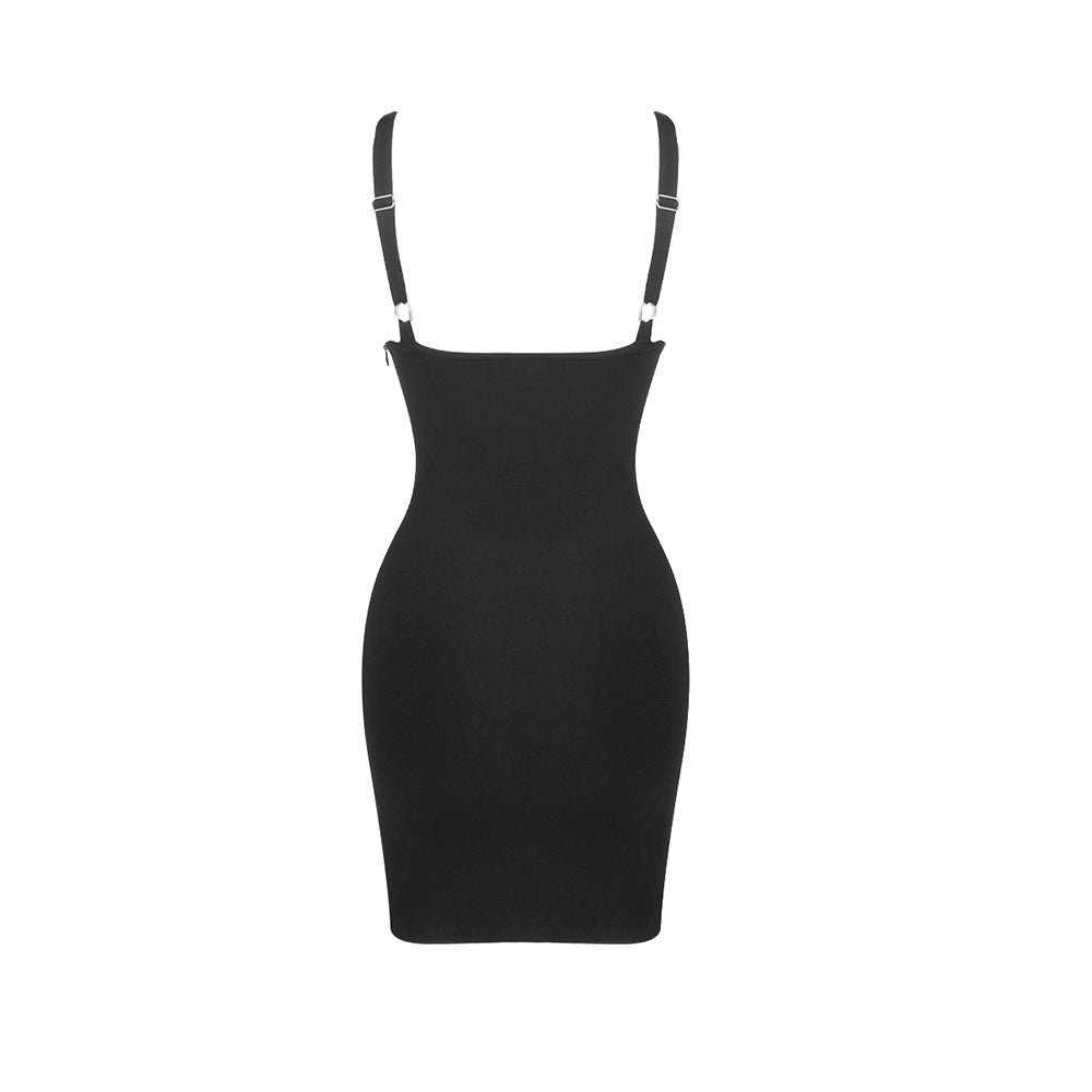 Sexy V neck Strap Zipper Furcal Lower Hem Dress Nightclub Black French Dress by Ragazza