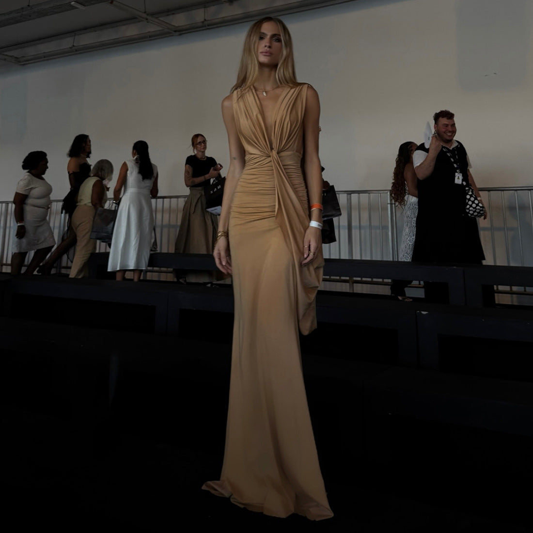 Autumn Winter Women Ribbon Pleated Deep V Plunge neck Sexy Slim Fit Backless Sheath Dress by Ragazza