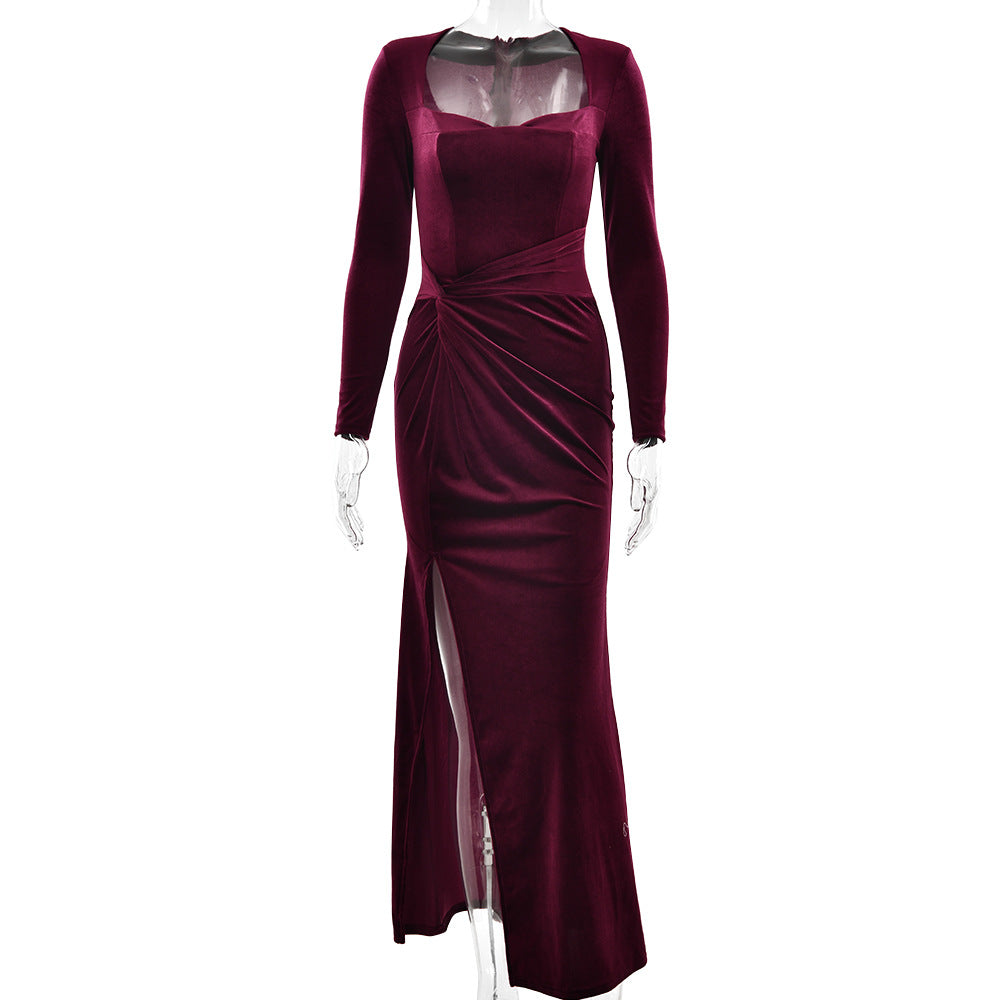 Women Clothing Sexy Slit Square Collar Dress Fashionable Elegant Velvet Pleated Dress by Ragazza